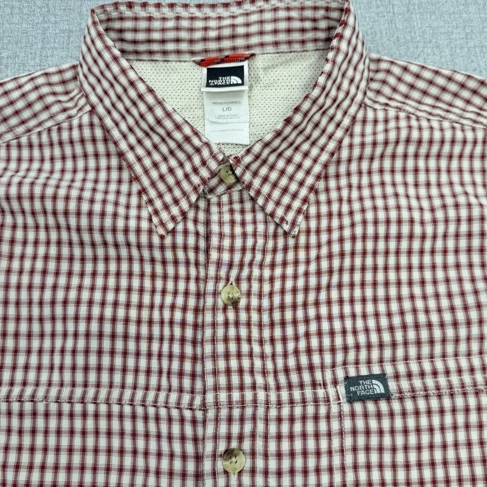 The North Face Button Down Flannel Shirt Red Plaid Mens LARGE Check Zip Pocket